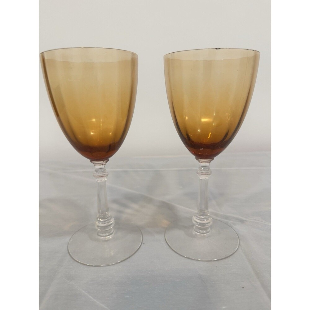 Vintage Amber Ombre Wine Goblets Set of 2 Clear Stem Glasses Chipped Rim AS IS